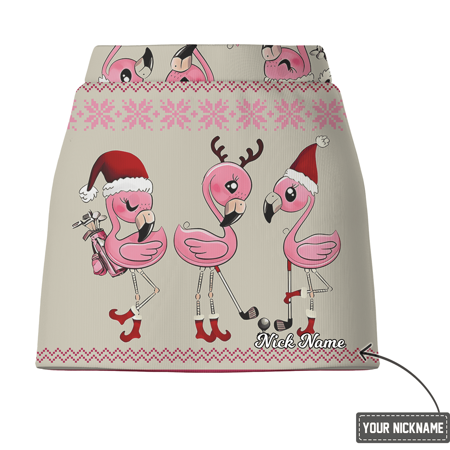 Personalized Women's Beige Christmas Flamingo Golf Skort, Snowflake Pattern H9669 additional image 2