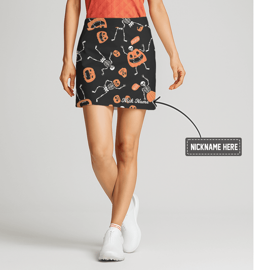Personalized Black Halloween Dancing Skeleton Pumpkin Women's Golf Skort X9293 main image - S