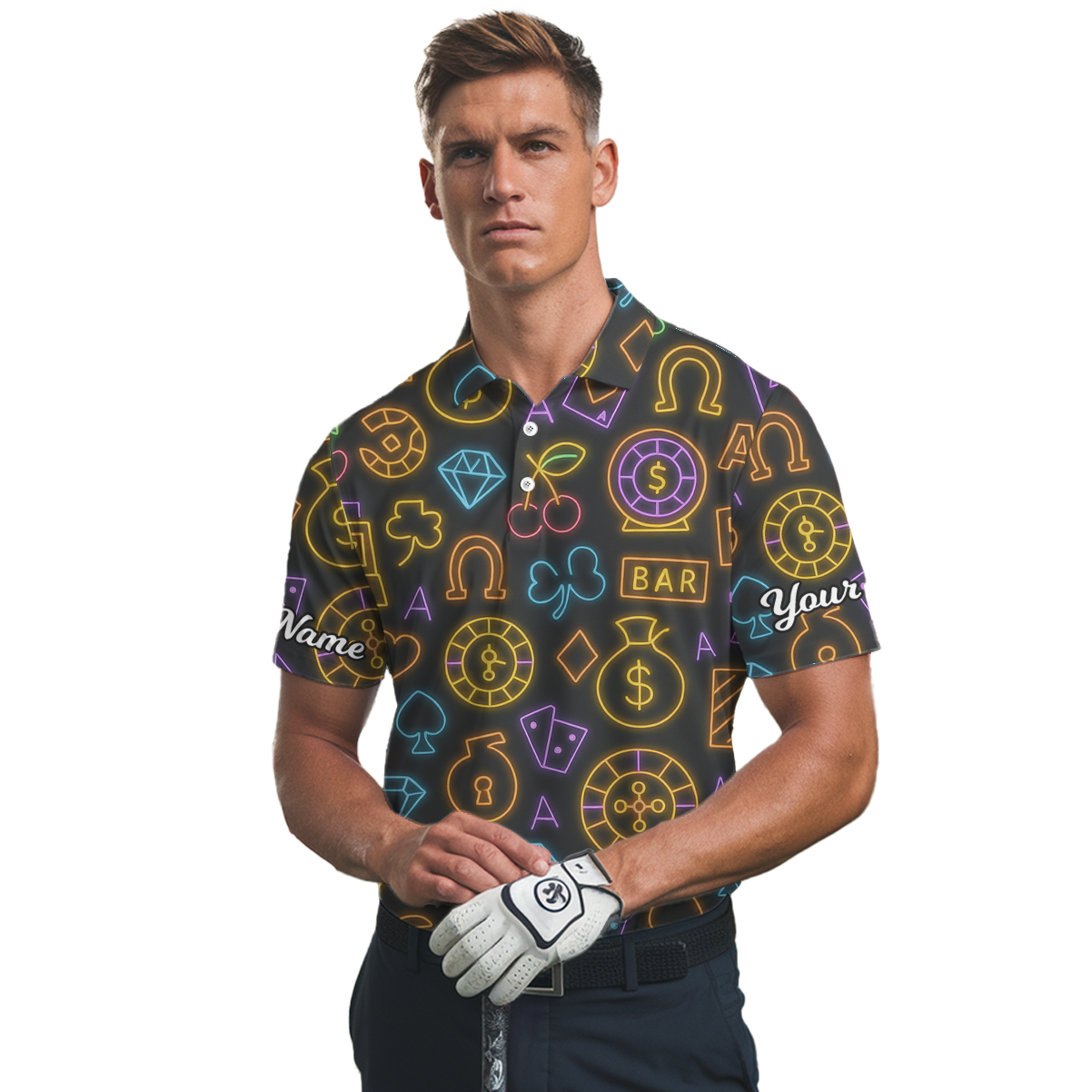 Personalized Golf Polo for Men, Black Neon Casino Gambling Pattern O3027 additional image 2