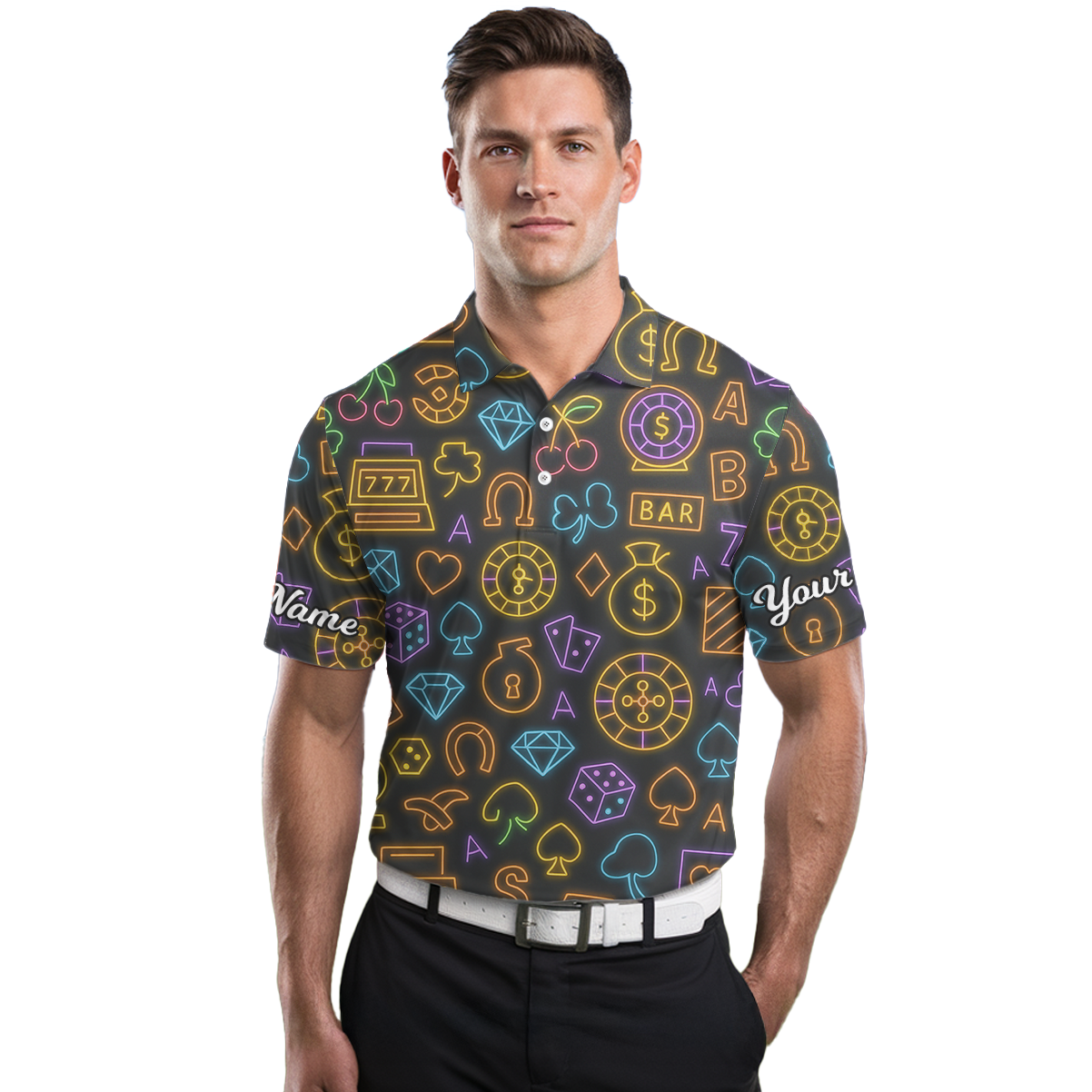 Personalized Golf Polo for Men, Black Neon Casino Gambling Pattern O3027 additional image 3