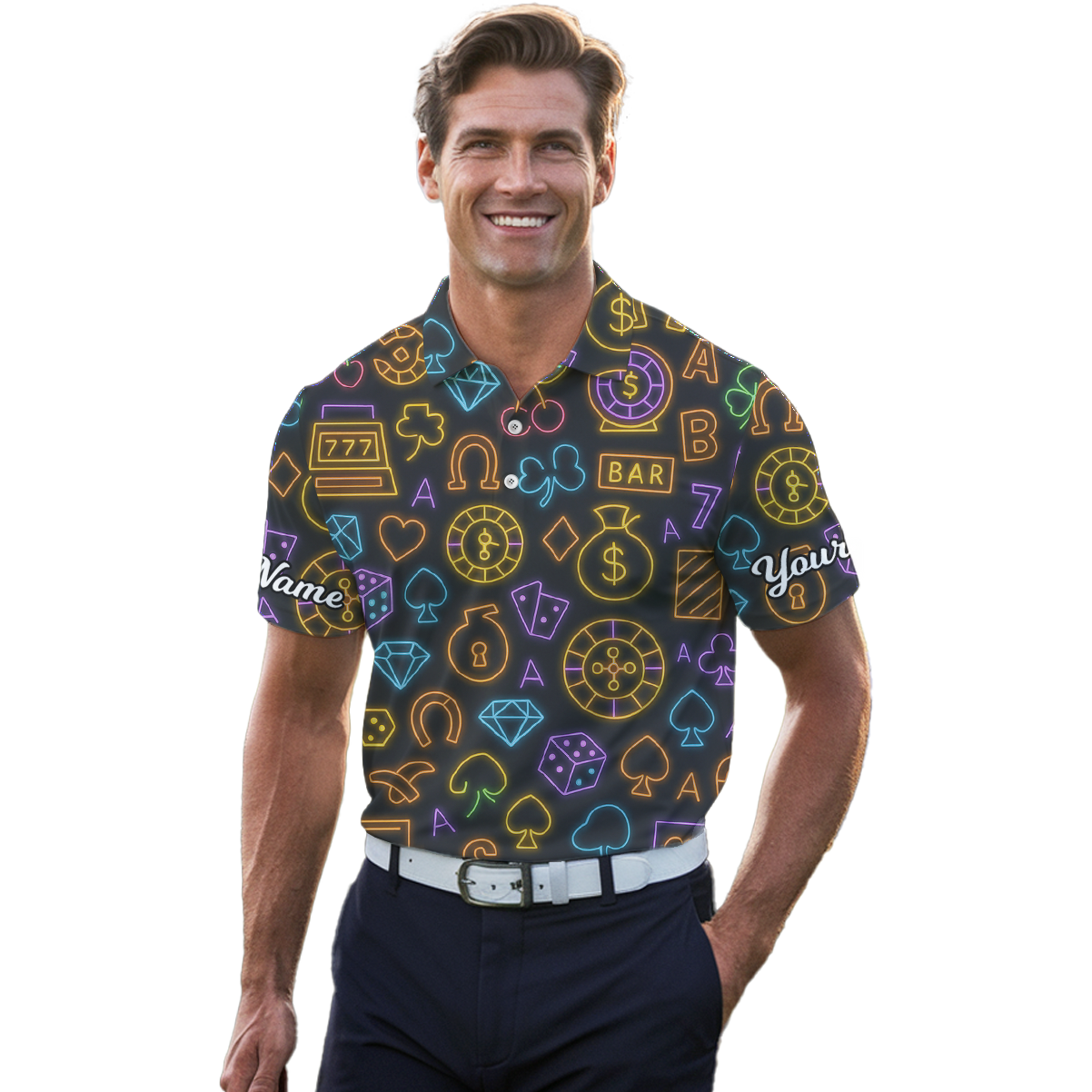 Personalized Golf Polo for Men, Black Neon Casino Gambling Pattern O3027 additional image 4