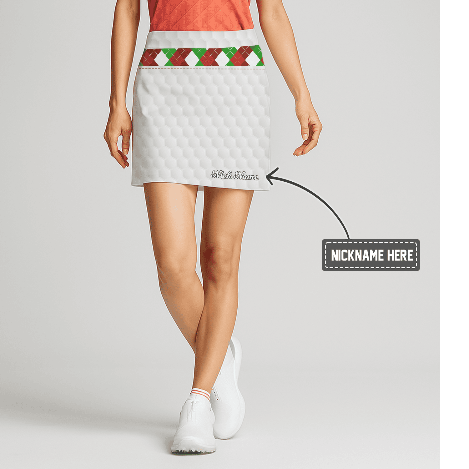 Personalized Women's White Golf Skort with Red Green Argyle & Golf Ball Texture E6881 main image - S