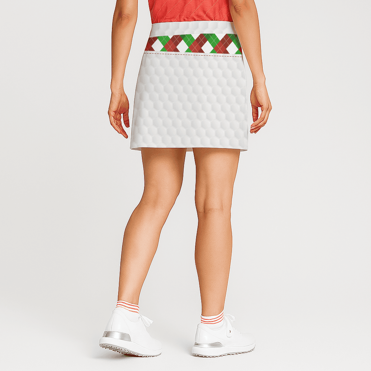 Personalized Women's White Golf Skort with Red Green Argyle & Golf Ball Texture E6881 additional image 1