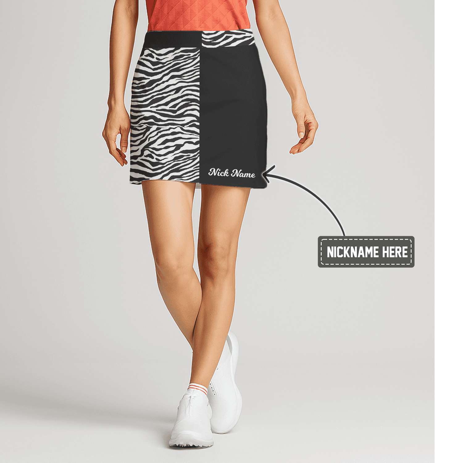 Personalized Women's Black White Asymmetrical Zebra Print Athletic Golf Skort Q1423 main image - S