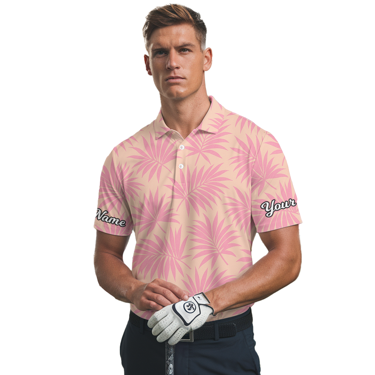 Personalized Tropical Palm Golf Polo Shirt For Men Pink Tan J7055 additional image 2
