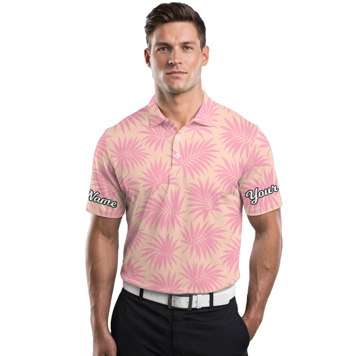 Personalized Tropical Palm Golf Polo Shirt For Men Pink Tan J7055 additional image 3