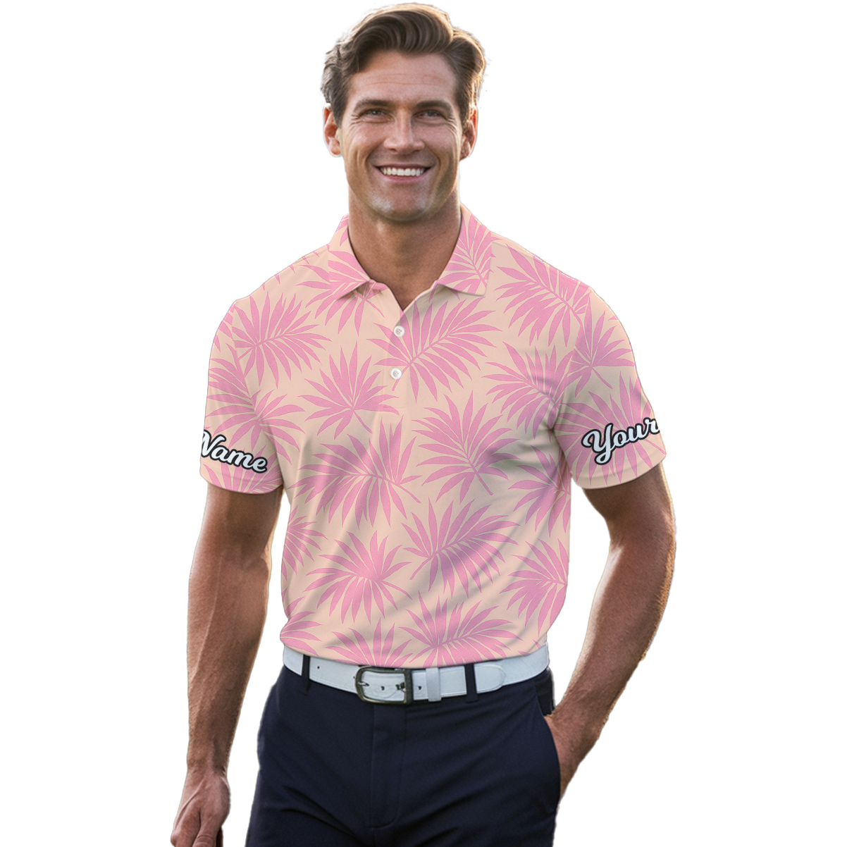 Personalized Tropical Palm Golf Polo Shirt For Men Pink Tan J7055 additional image 4