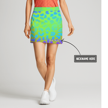 Personalized Vibrant Lime Green Aqua Blue Ombre Leopard Print Women's Golf Skort S3439 main image - S