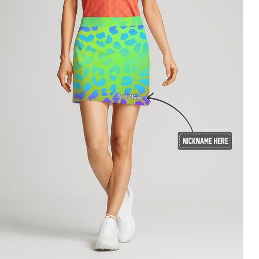 Personalized Vibrant Lime Green Aqua Blue Ombre Leopard Print Women's Golf Skort S3439 main image - S