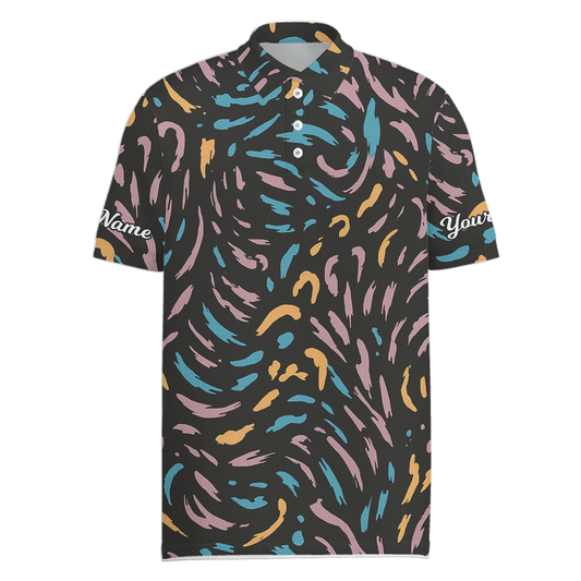 Personalized Men's Golf Polo Abstract Brush Strokes Blue Pink Yellow Black P1195 main image - Men Polo S
