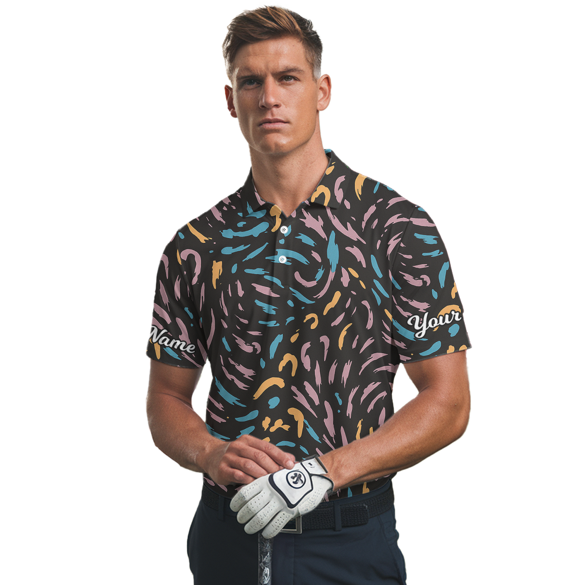 Personalized Men's Golf Polo Abstract Brush Strokes Blue Pink Yellow Black P1195 additional image 2