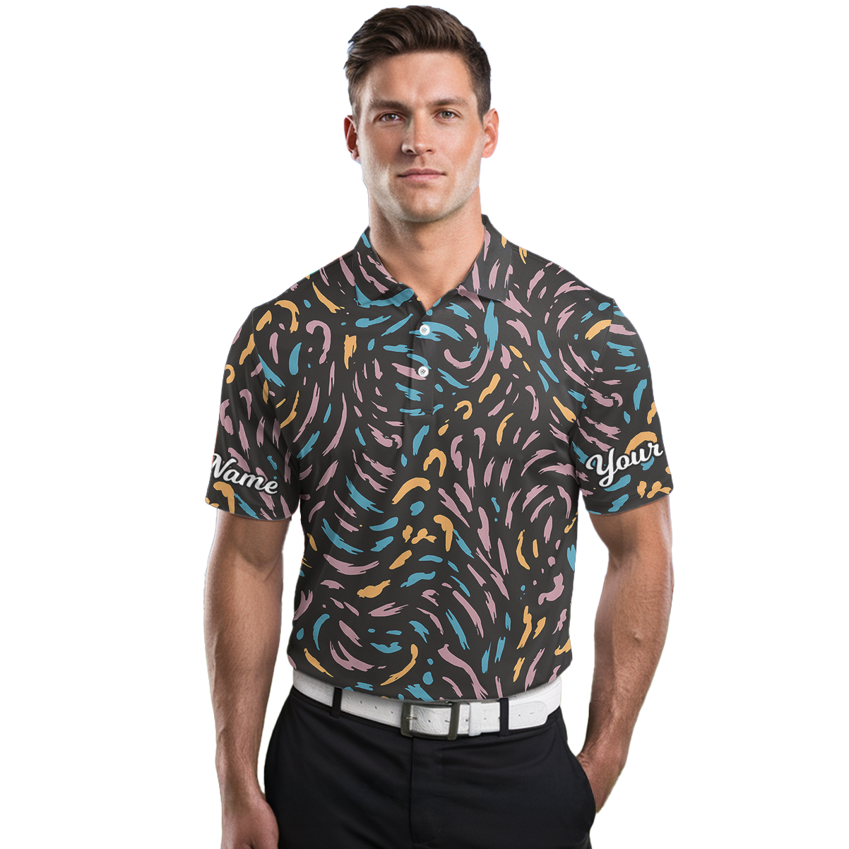 Personalized Men's Golf Polo Abstract Brush Strokes Blue Pink Yellow Black P1195 additional image 3