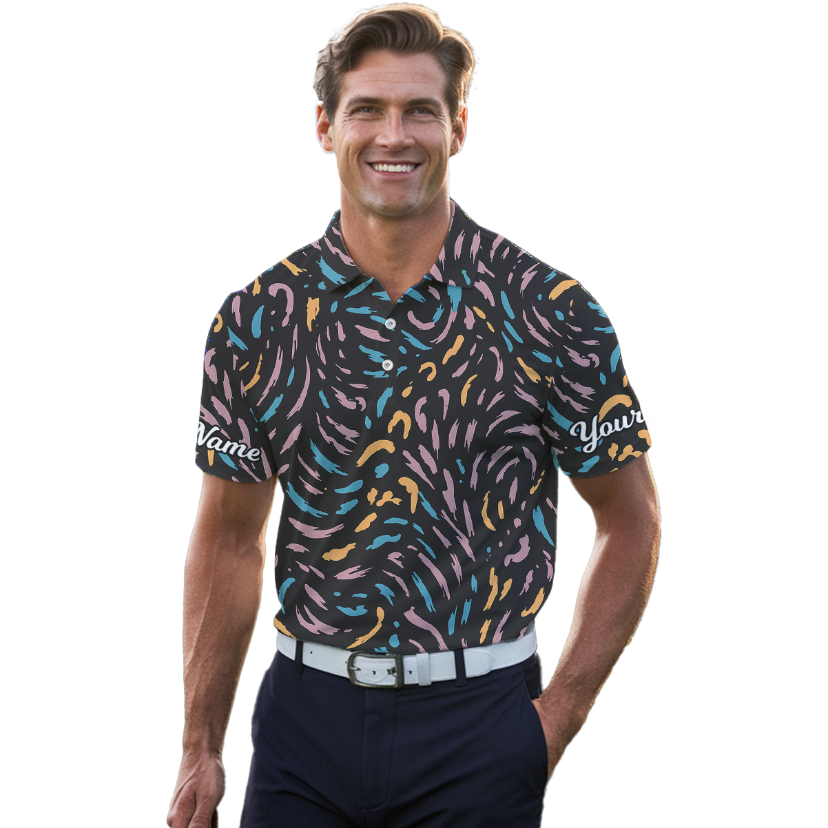 Personalized Men's Golf Polo Abstract Brush Strokes Blue Pink Yellow Black P1195 additional image 4