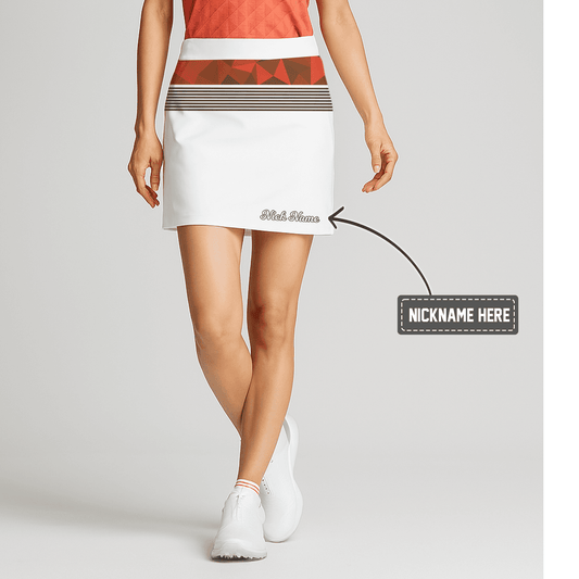 Personalized White Women's Golf Skort, Rust Geometric Triangle & Stripe Print F5654 main image - S