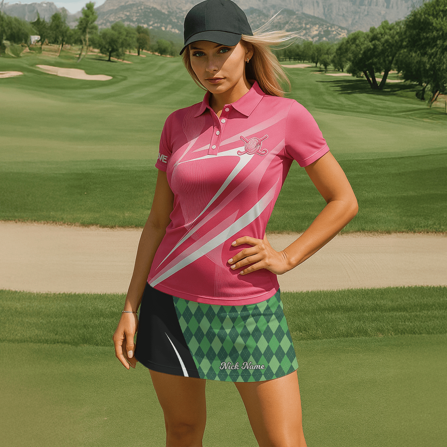 Personalized Women's Green Argyle & Black Color Block Golf Skort F9690 additional image 6