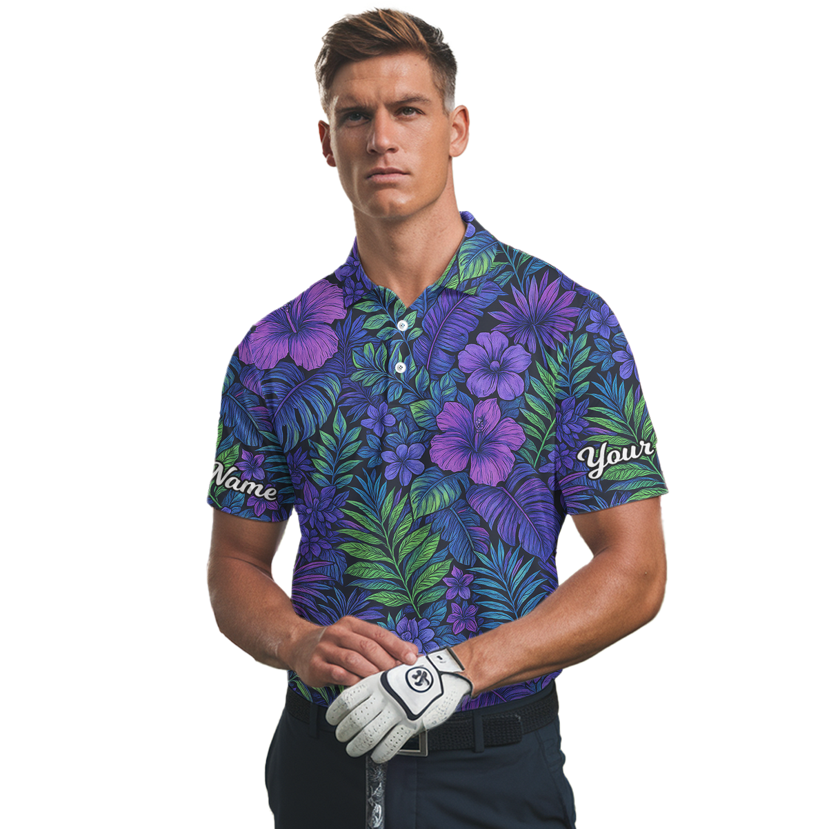 Personalized Tropical Floral Print Golf Polo Shirt Men Purple Blue Green V4009 additional image 2