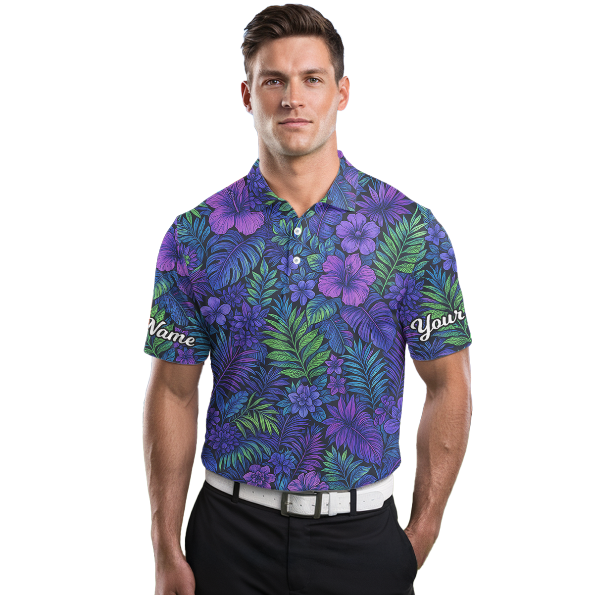 Personalized Tropical Floral Print Golf Polo Shirt Men Purple Blue Green V4009 additional image 3