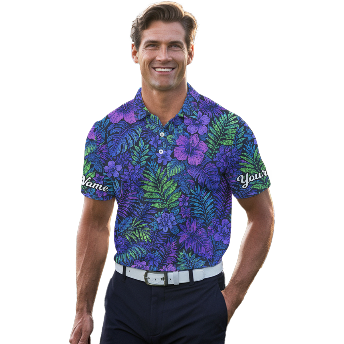 Personalized Tropical Floral Print Golf Polo Shirt Men Purple Blue Green V4009 additional image 4