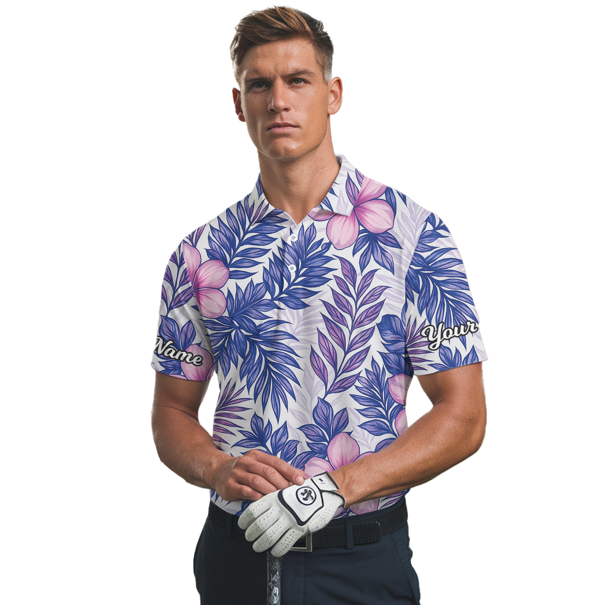 Personalized Men's Tropical Leaf Floral Golf Polo Shirt Purple Pink W5846 additional image 2