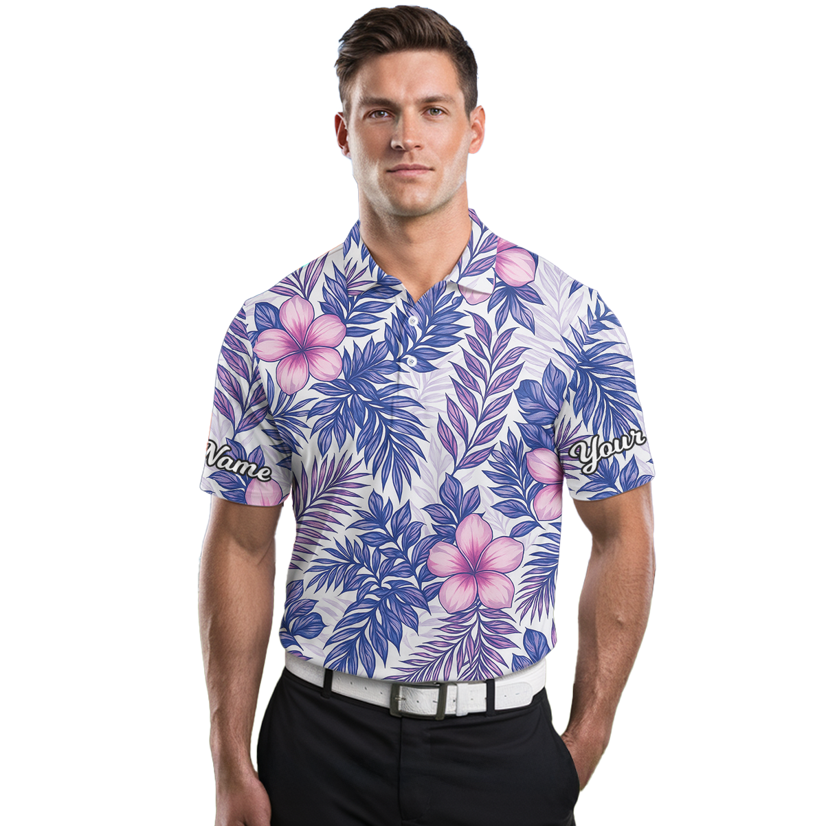 Personalized Men's Tropical Leaf Floral Golf Polo Shirt Purple Pink W5846 additional image 3