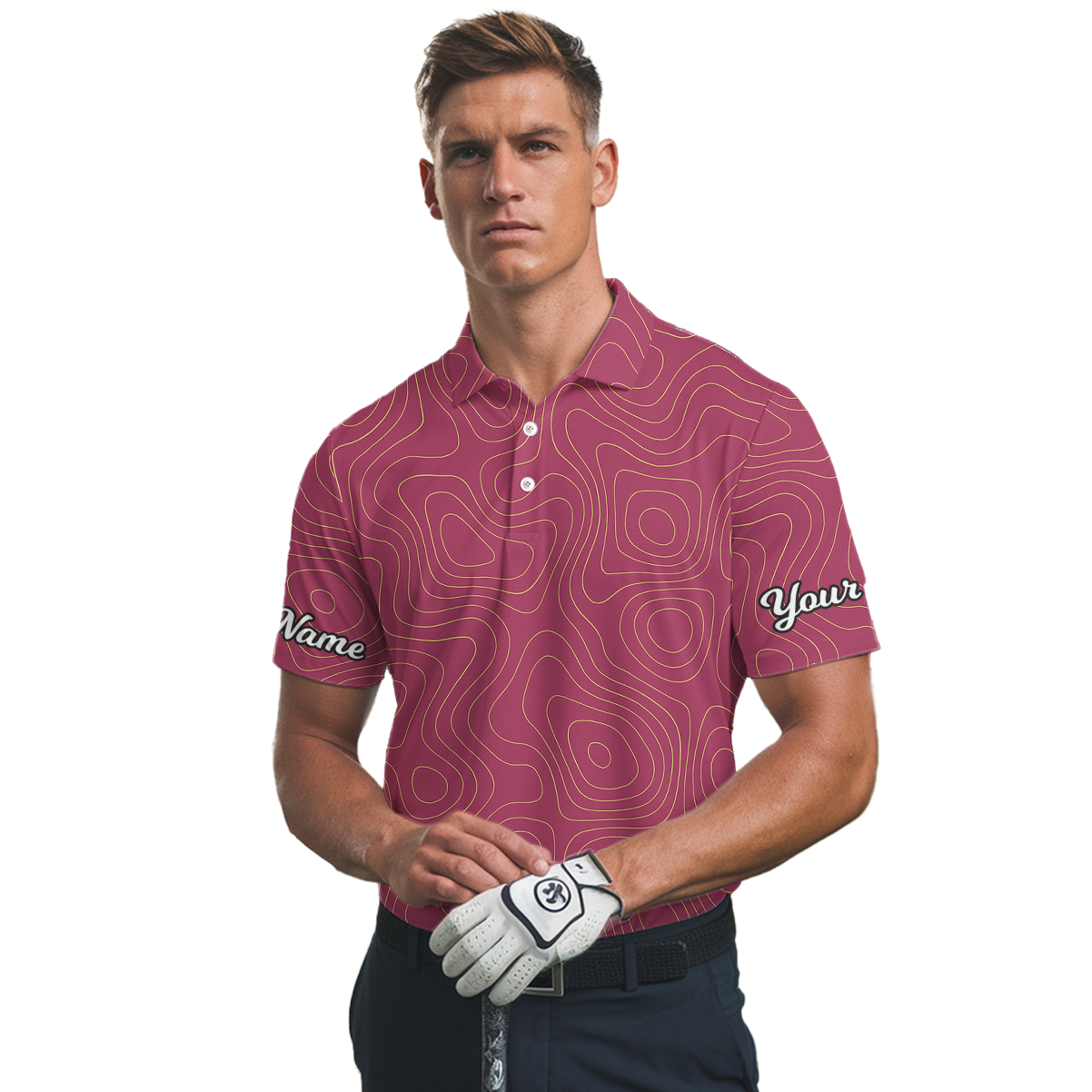 Magenta Gold Topographic Personalized Golf Polo Shirt for Men Custom Name V4491 additional image 2