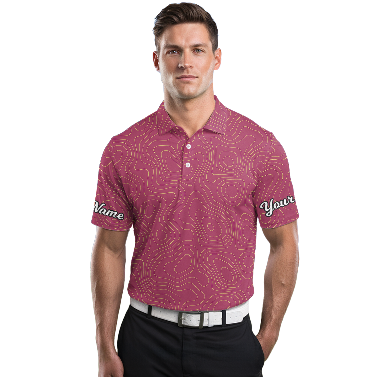 Magenta Gold Topographic Personalized Golf Polo Shirt for Men Custom Name V4491 additional image 3