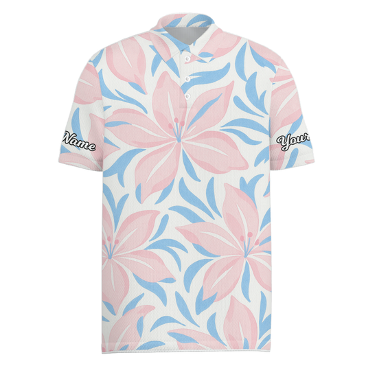Personalized Floral Golf Polo Shirt for Men, Pink Blue Flower Pattern X9435 main image - Men Polo S