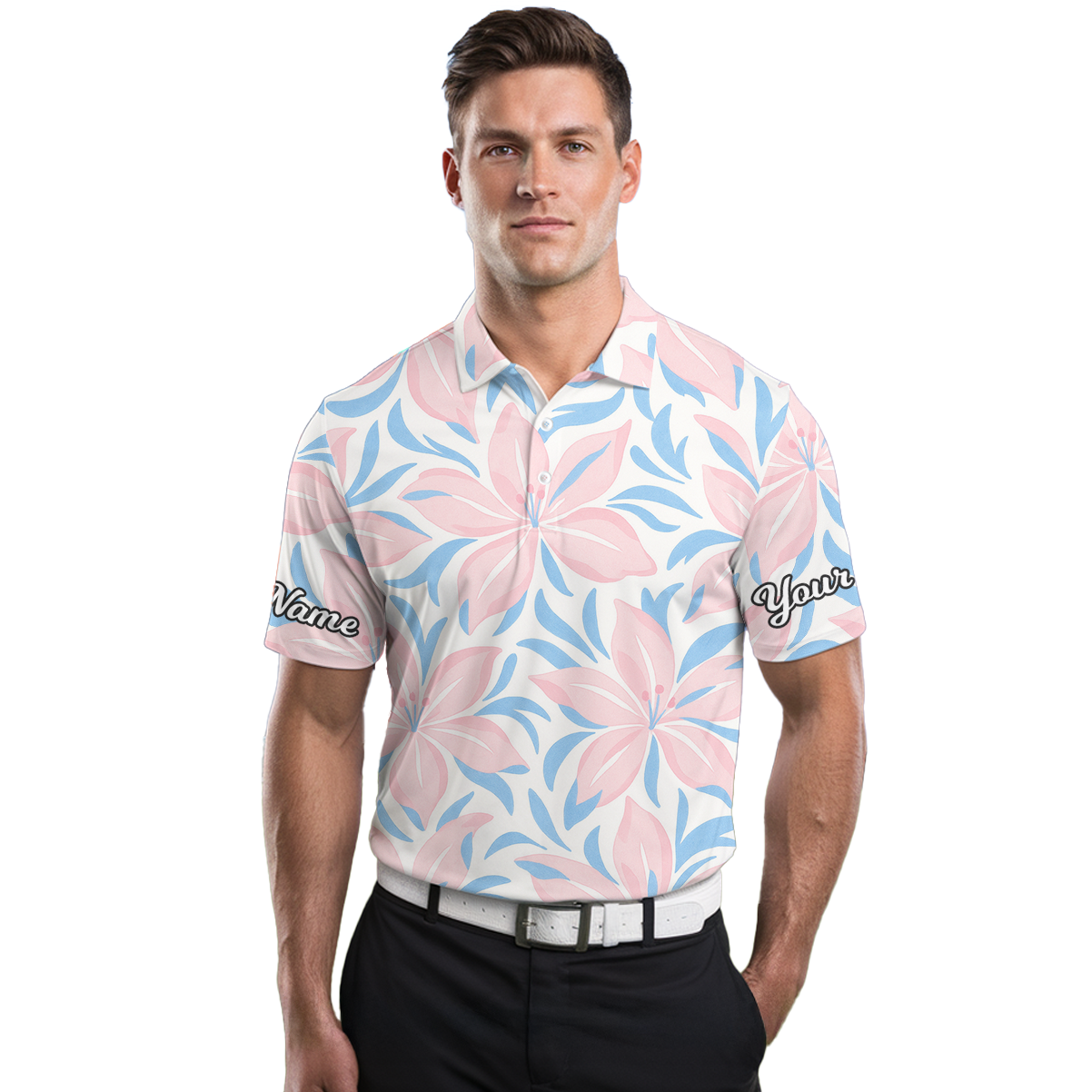 Personalized Floral Golf Polo Shirt for Men, Pink Blue Flower Pattern X9435 additional image 3