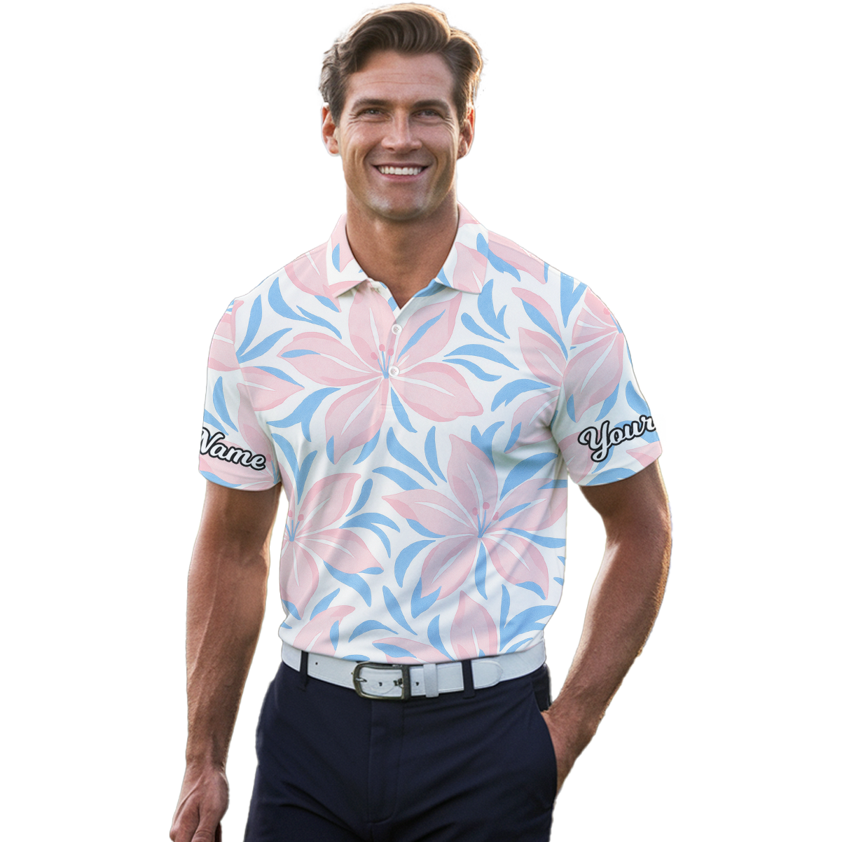 Personalized Floral Golf Polo Shirt for Men, Pink Blue Flower Pattern X9435 additional image 4