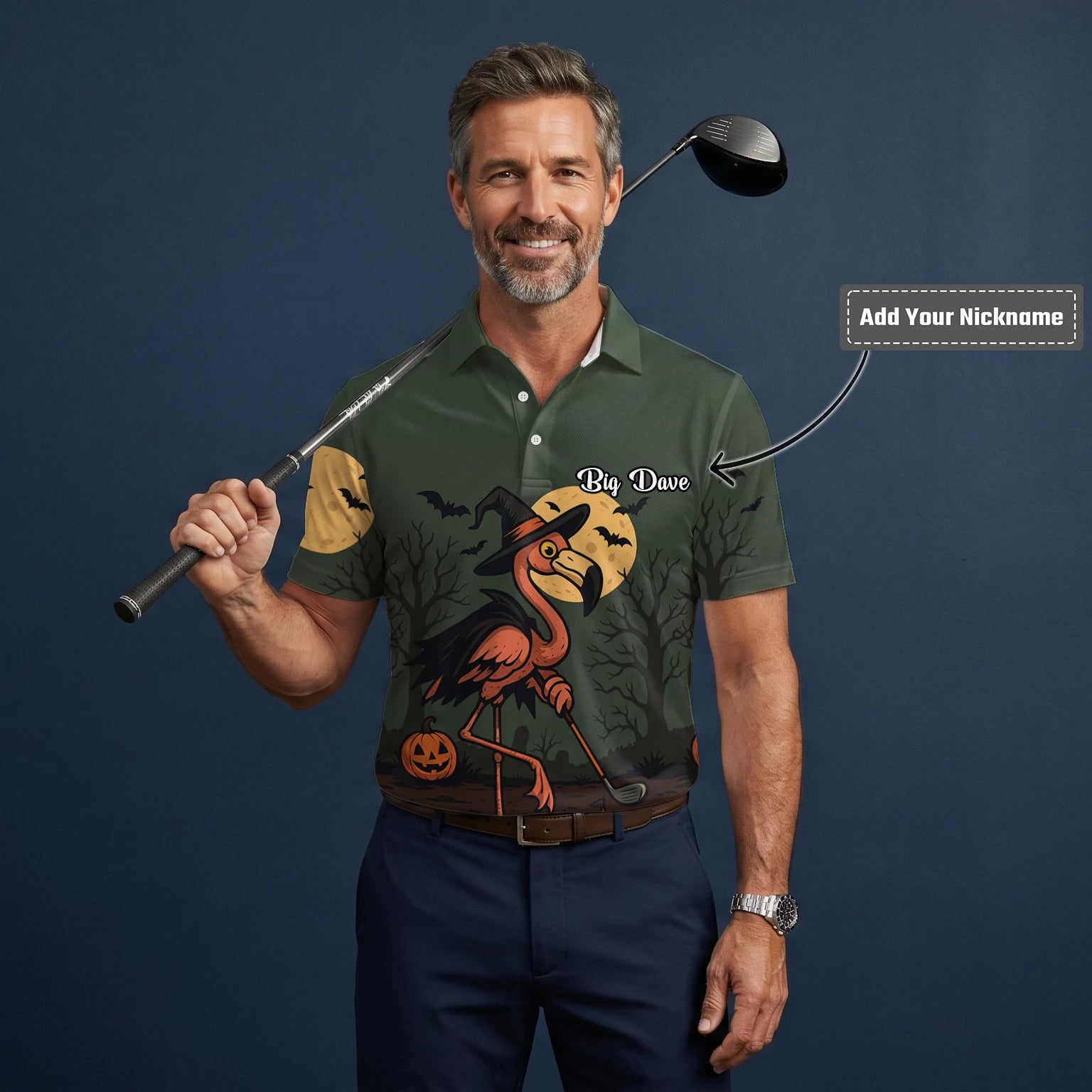 Personalised Olive Halloween Flamingo Witch Golfer Pumpkin Golf Polo Shirt For Men X5811