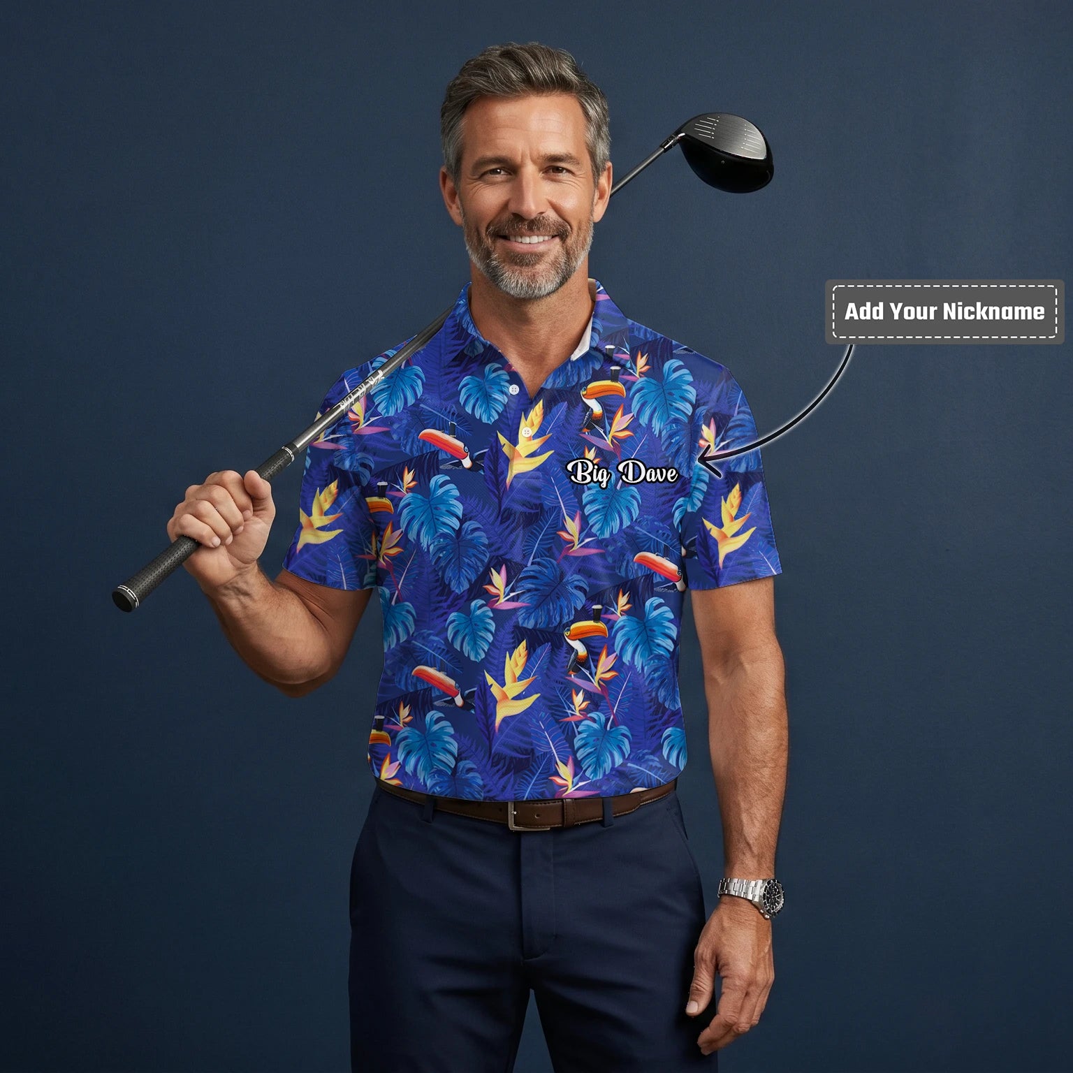 Personalised Navy Blue Tropical Toucan Leaf Golf Polo Shirt For Men S1836
