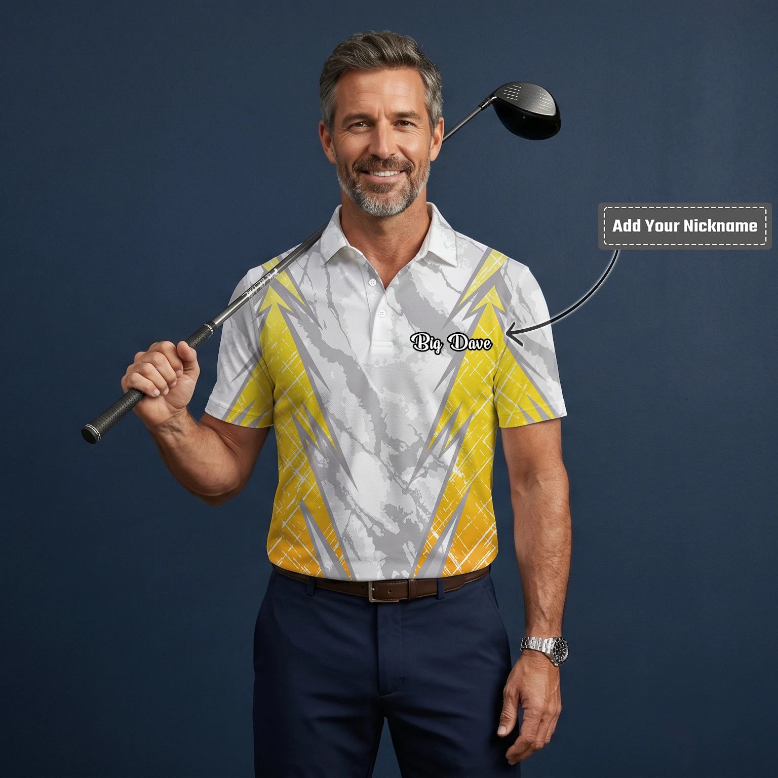 Personalised White Grey Yellow Marble Stripe Golf Polo Shirt For Men T6326
