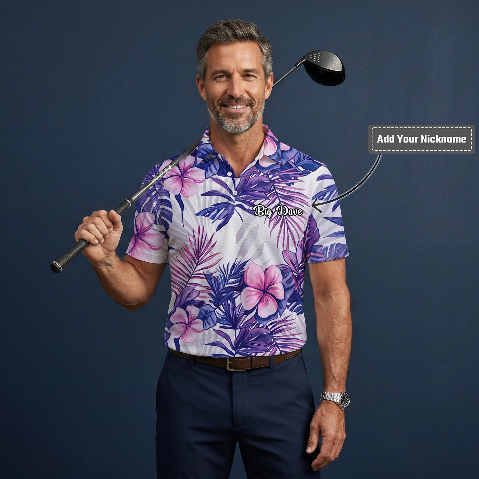 Personalised White Purple Tropical Hibiscus Leaf Golf Polo Shirt For Men H1054