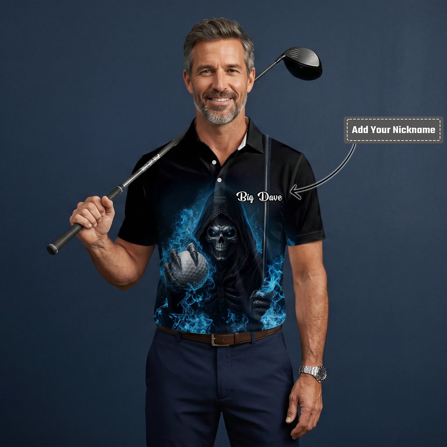 Personalised Black Blue Skull Golf Ball Lightning Golf Polo Shirt For Men N0793