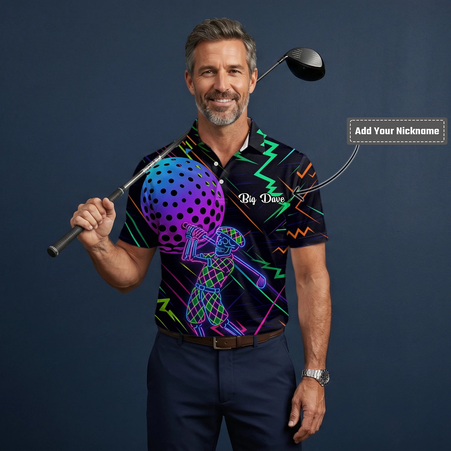 Personalised Black Neon Golfer Wireframe Golf Polo Shirt For Men L1481