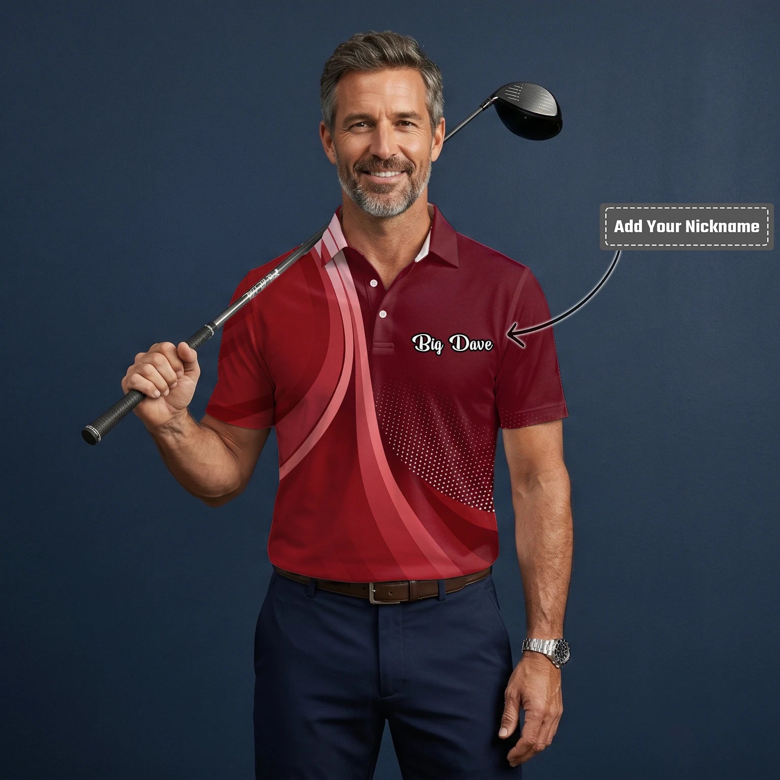 Personalised Burgundy Red Abstract Wave Golf Polo Shirt For Men B4612