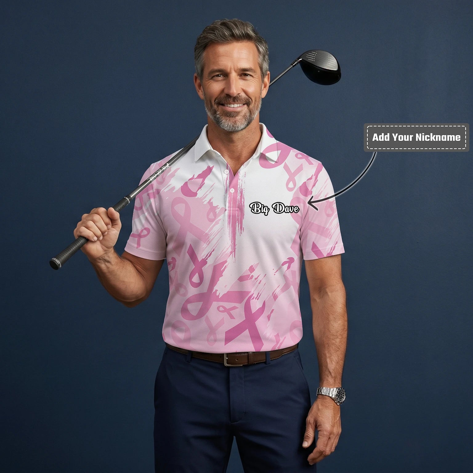Personalised White Pink Breast Cancer Awareness Ribbon Brush Stroke Golf Polo Shirt For Men U4702