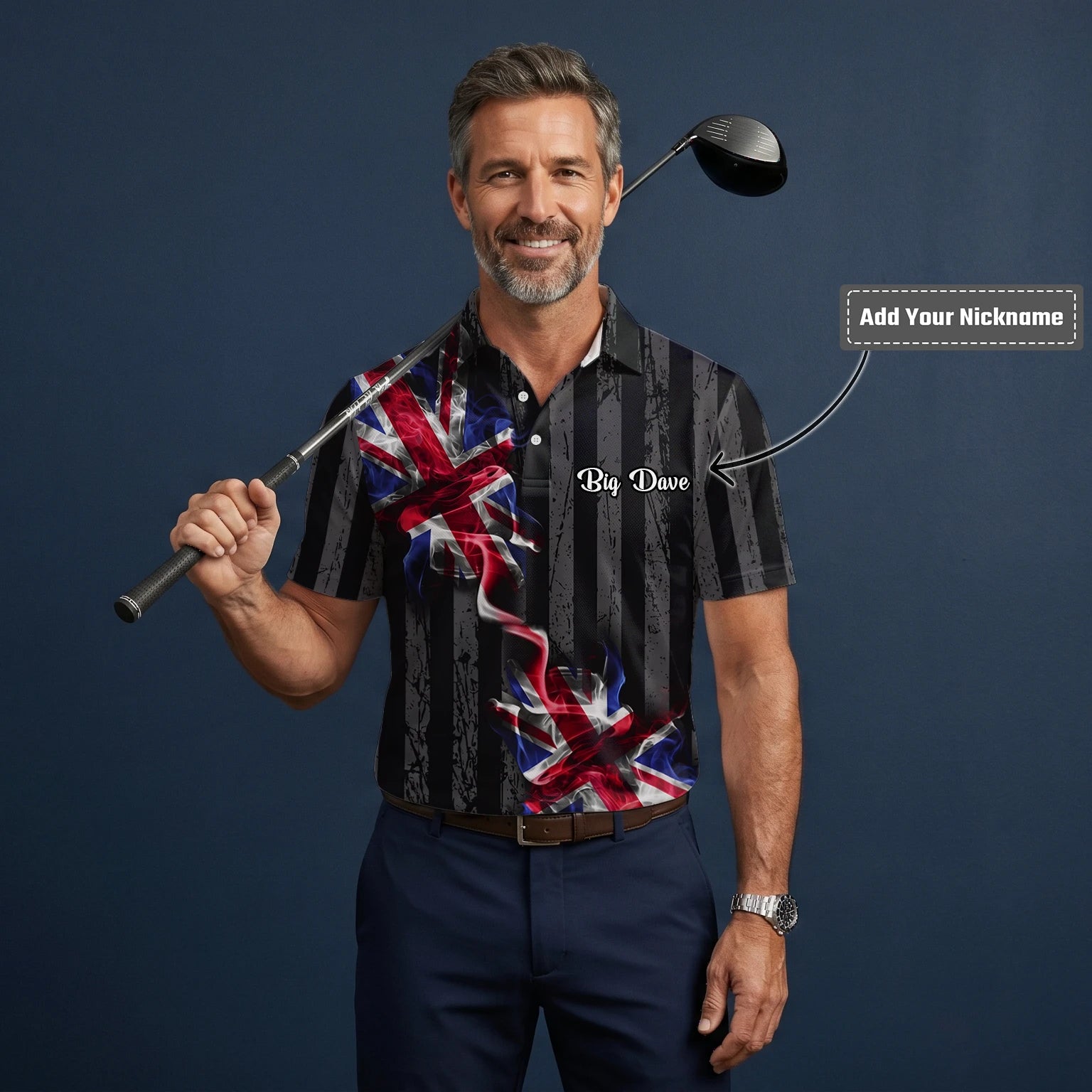 Personalised Black Union Jack Lightning Golf Polo Shirt For Men U9443