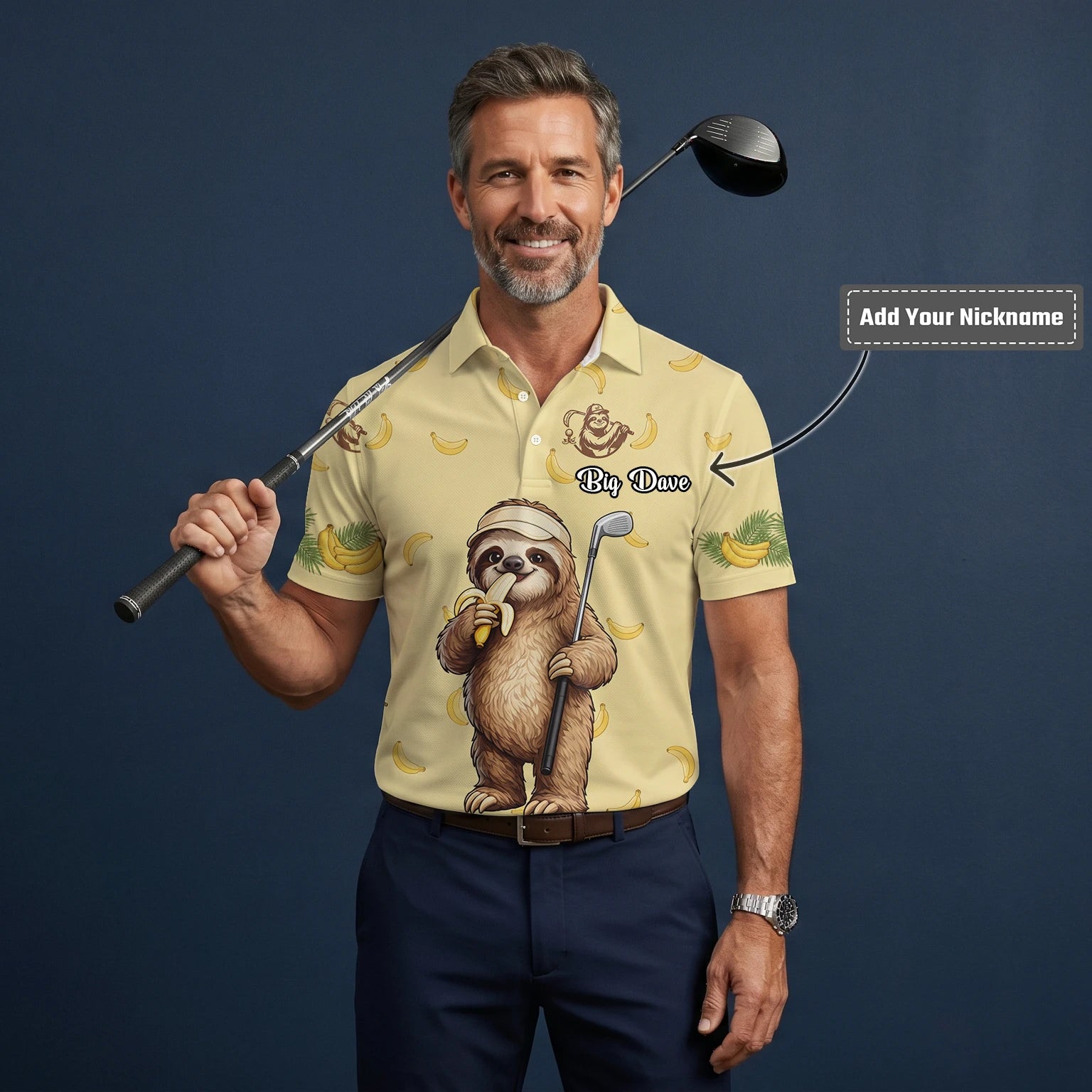 Personalised Pale Yellow Sloth Banana Golfer Cartoon Golf Polo Shirt For Men G3327