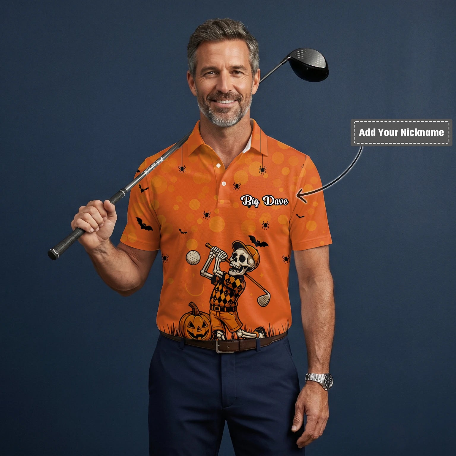 Personalised Orange Halloween Skeleton Golfer Golf Polo Shirt For Men D3851