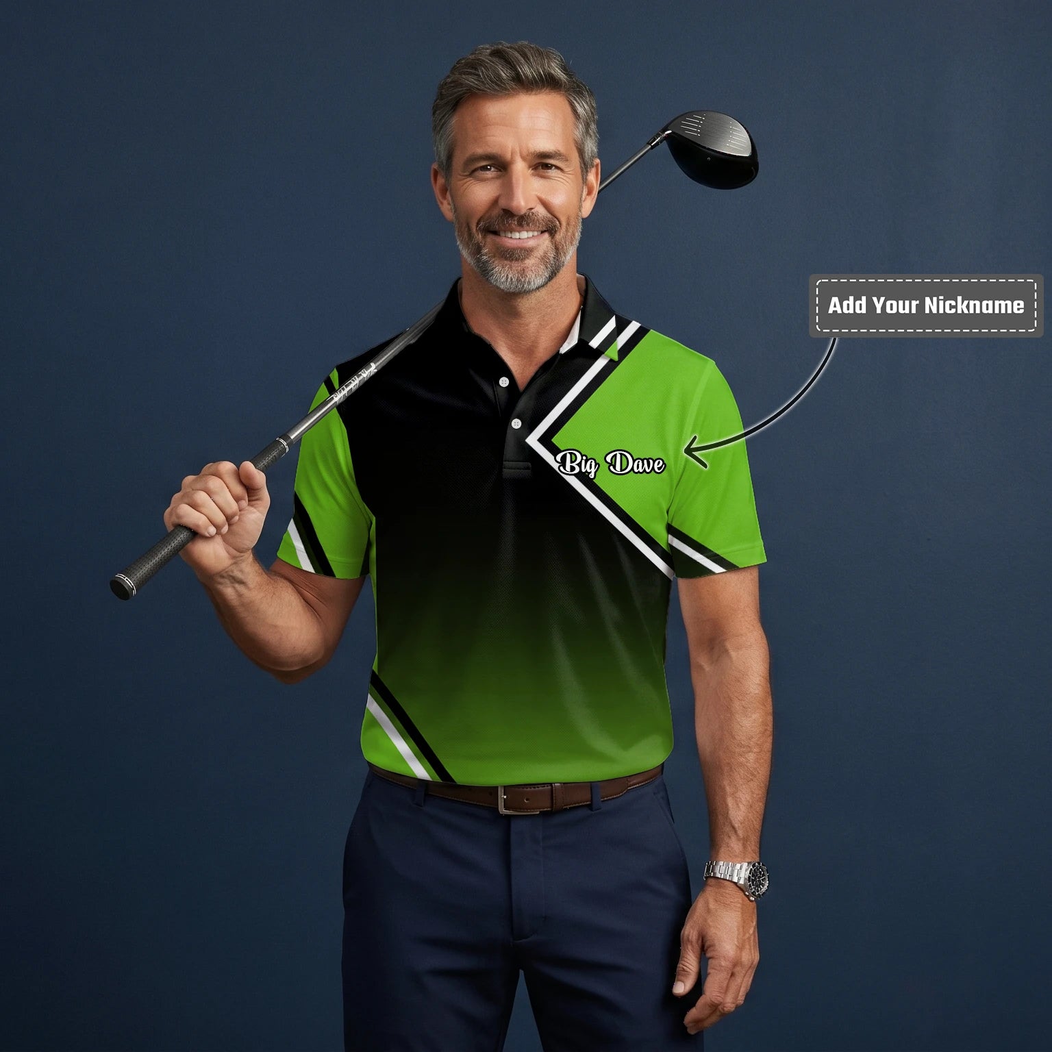 Personalised Black Green Geometric Stripe Golf Polo Shirt For Men V2638