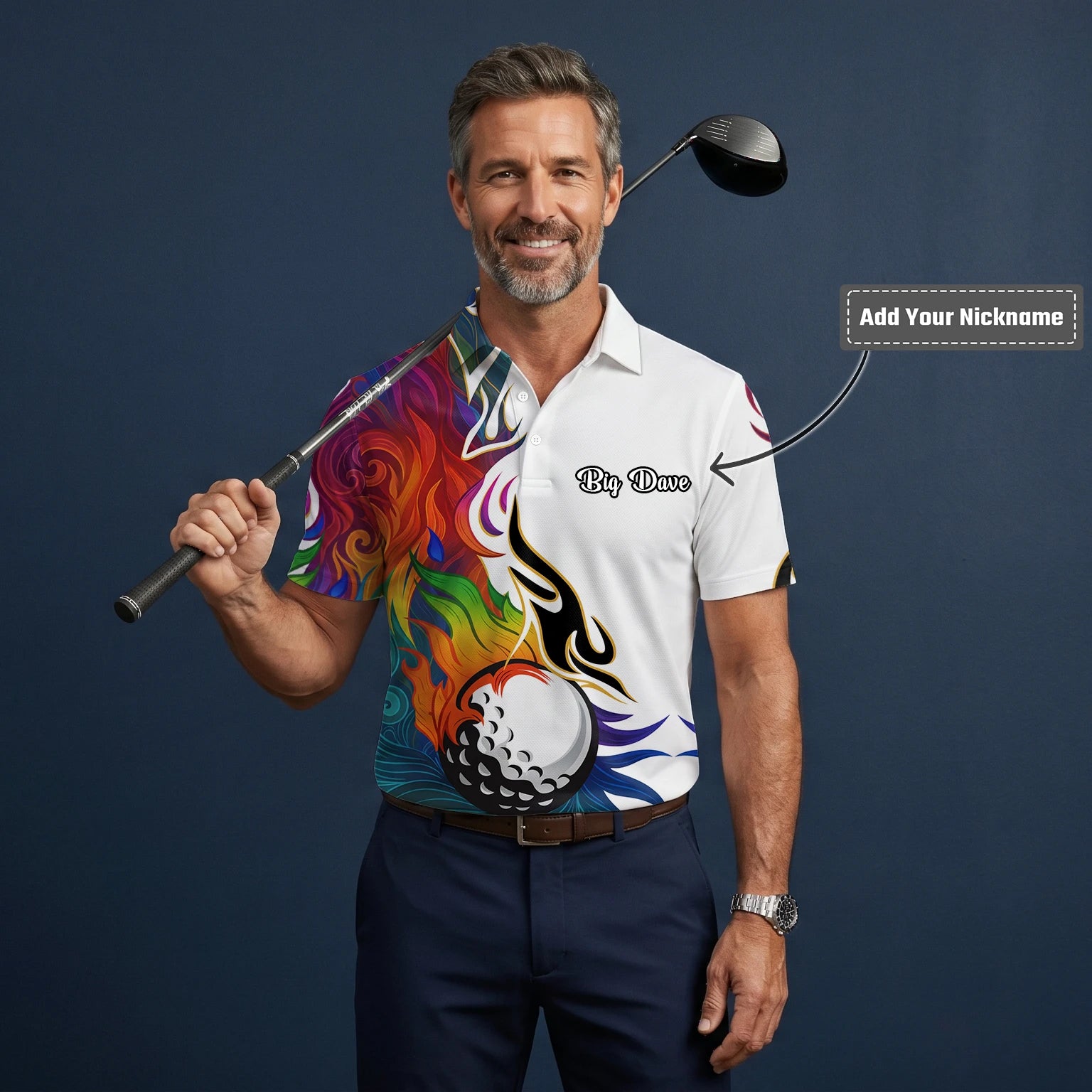 Personalised White Rainbow Flame Golf Ball Golf Polo Shirt For Men P6012
