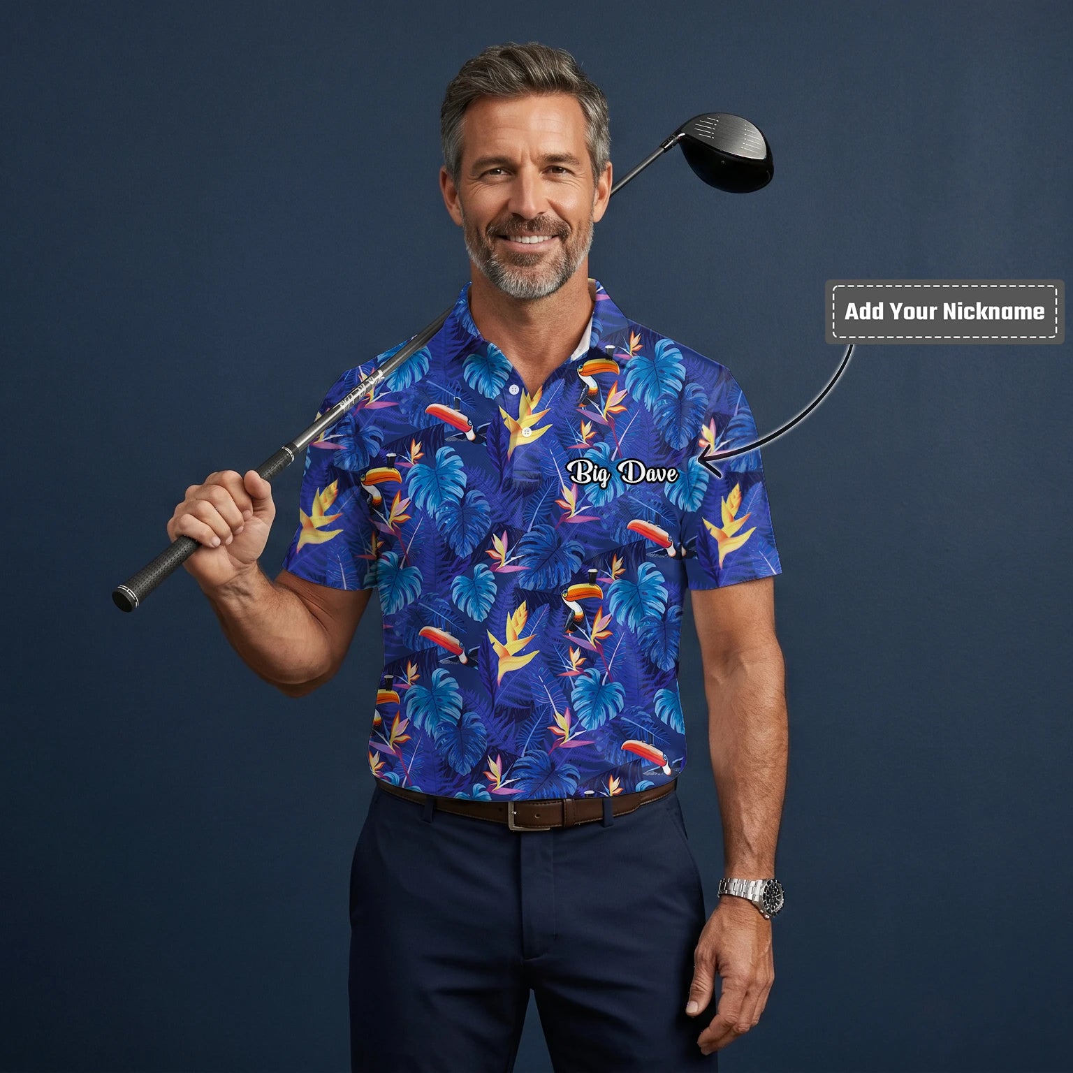 Personalised Navy Blue Tropical Toucan Leaf Golf Polo Shirt For Men S1836