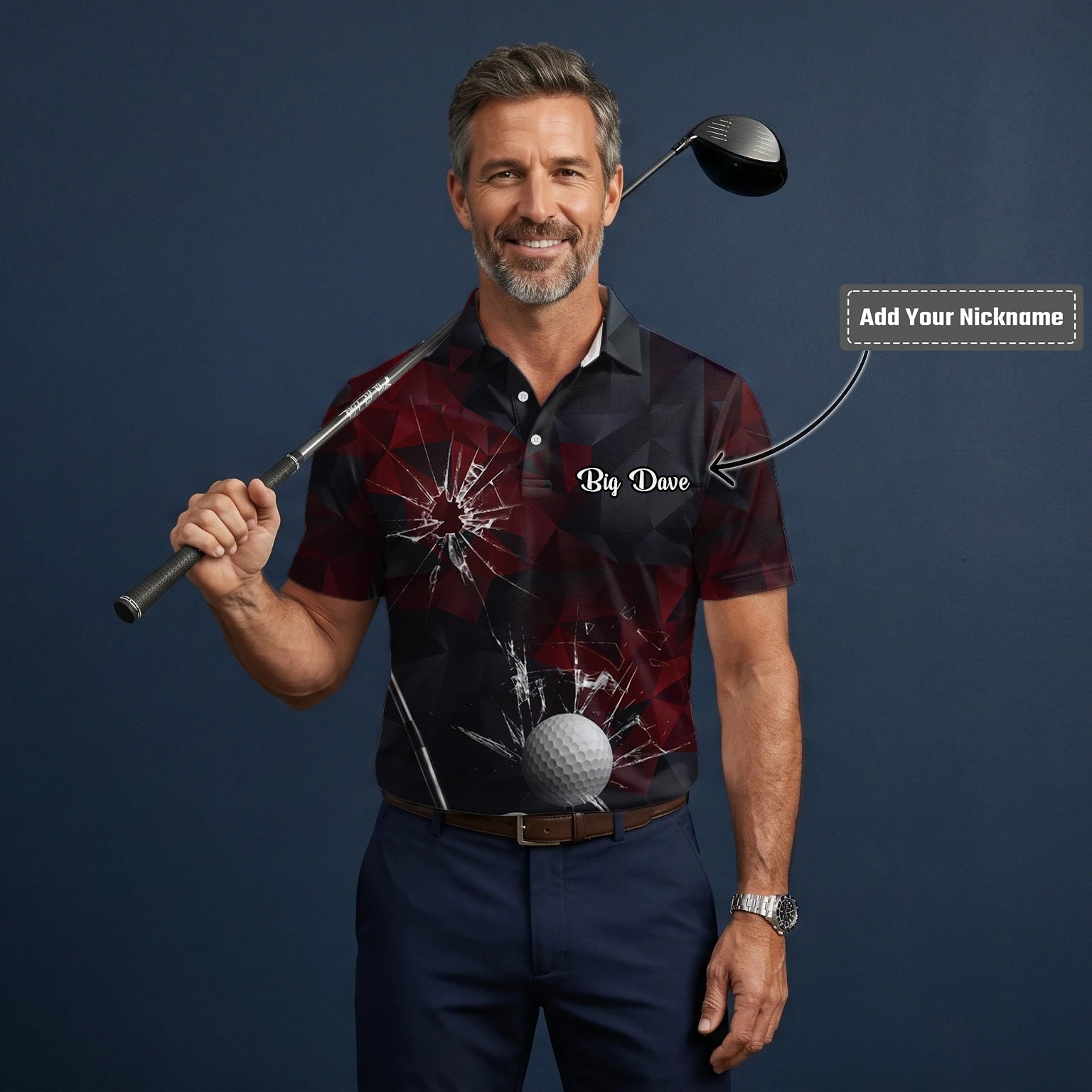 Personalised Black Burgundy Shattered Glass Golf Ball Golf Polo Shirt For Men R4354