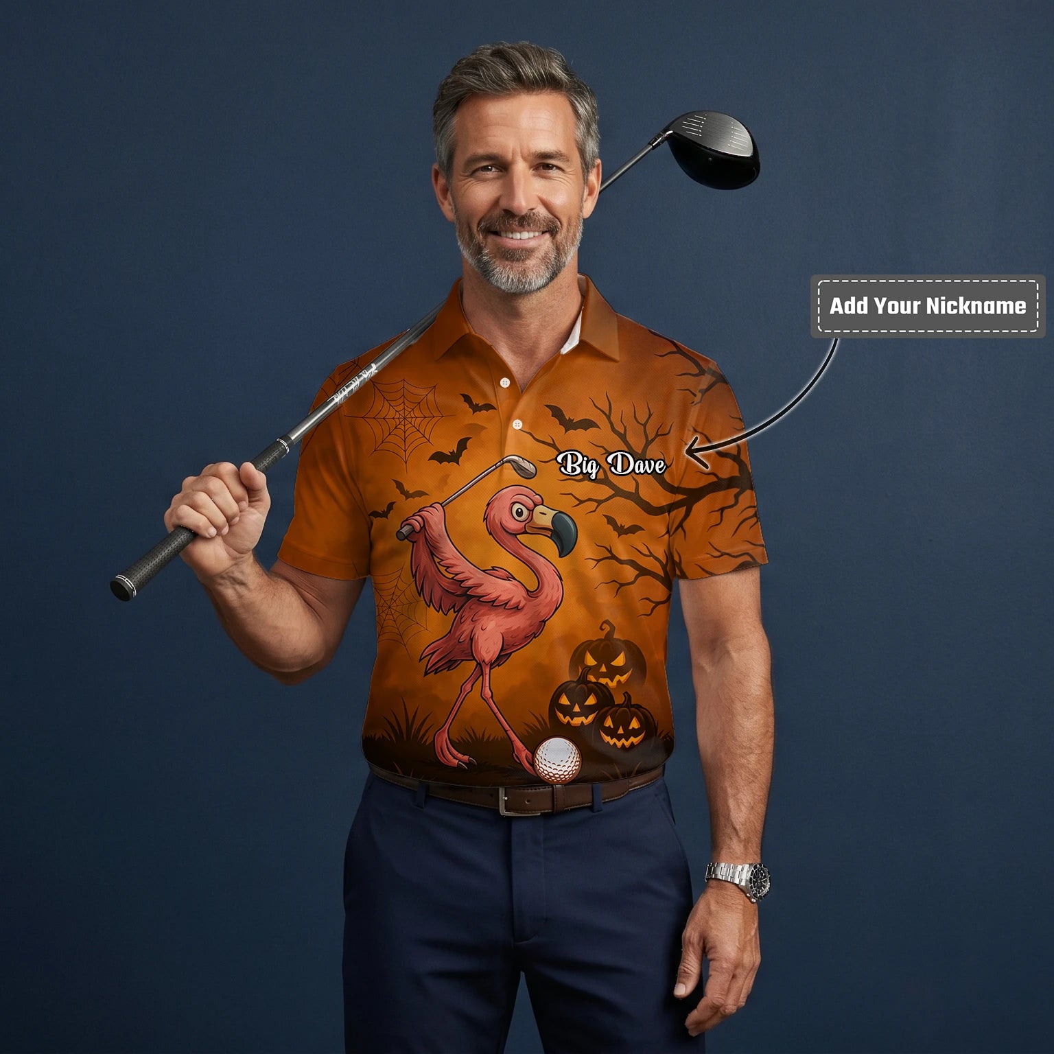 Personalised Orange Halloween Flamingo Golfer Pumpkin Golf Polo Shirt For Men V7072