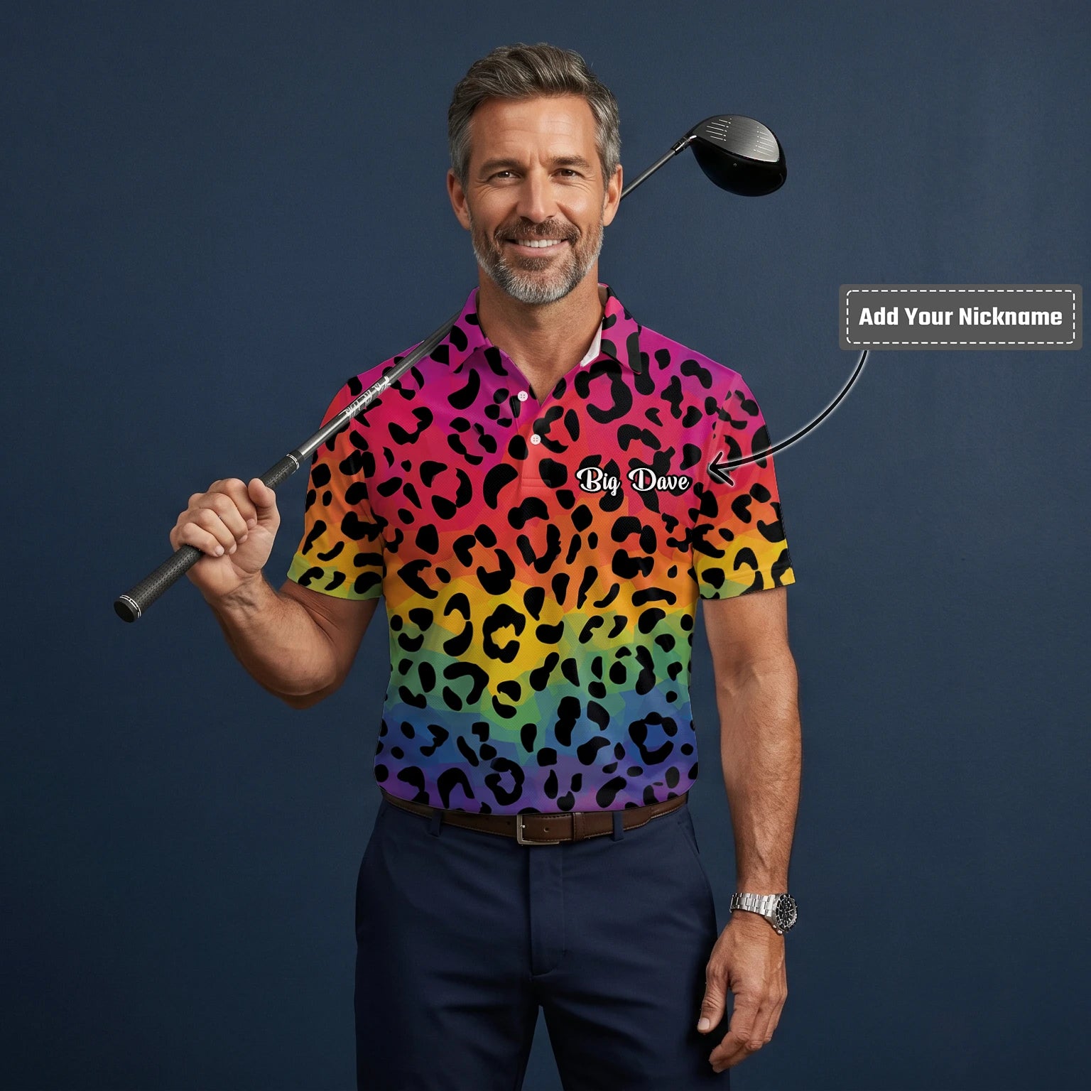 Personalised Rainbow Leopard Print Golf Polo Shirt For Men X1632