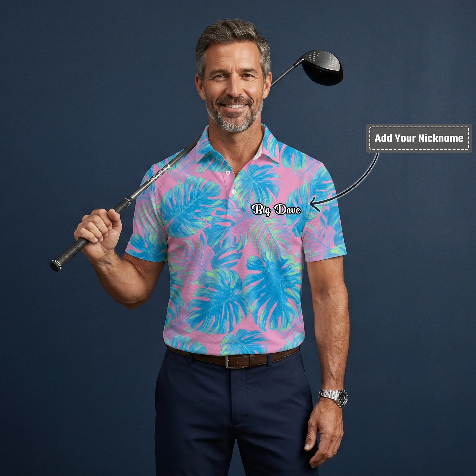 Personalised Pink Turquoise Tropical Monstera Leaf Golf Polo Shirt For Men C8385