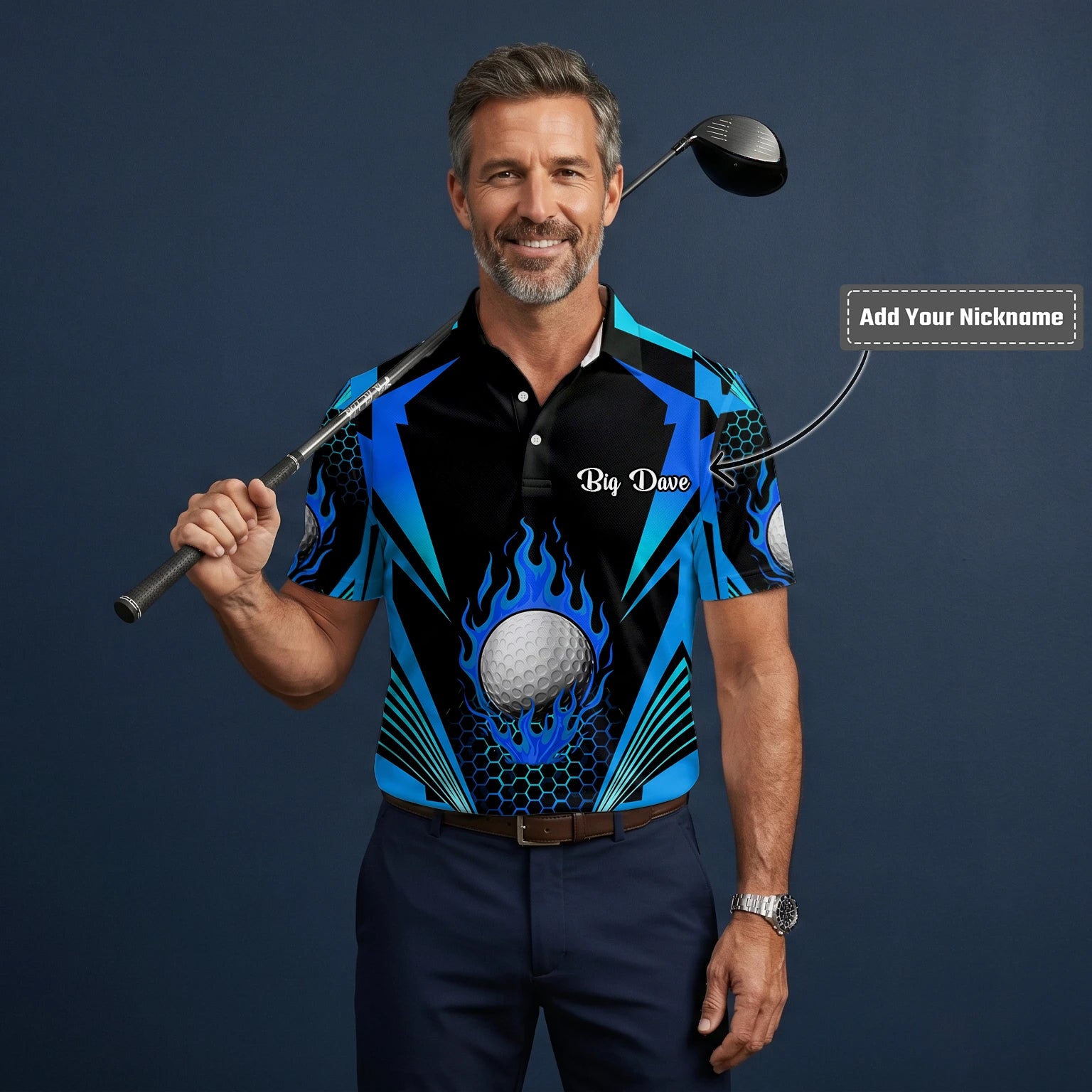 Personalised Black Blue Flaming Golf Ball Golf Polo Shirt For Men Y8576