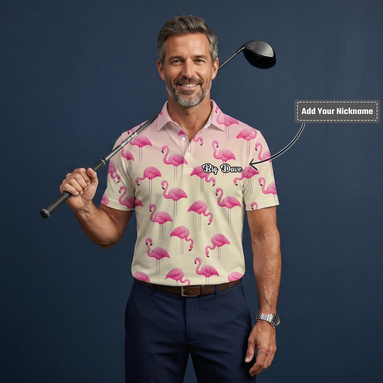 Personalised Cream Pink Flamingo Golf Polo Shirt For Men P5242