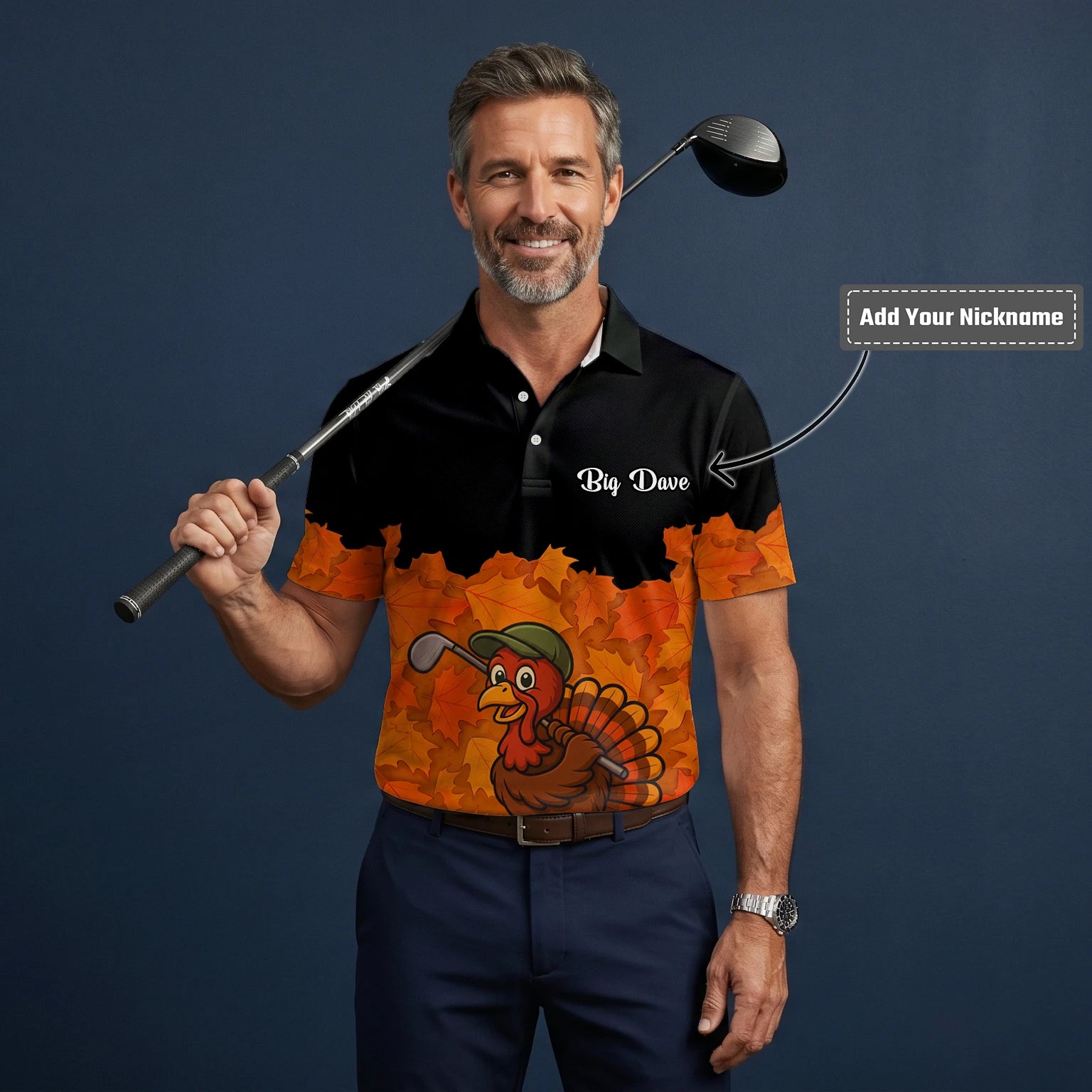 Personalised Black Orange Thanksgiving Turkey Golfer Golf Polo Shirt For Men W0964
